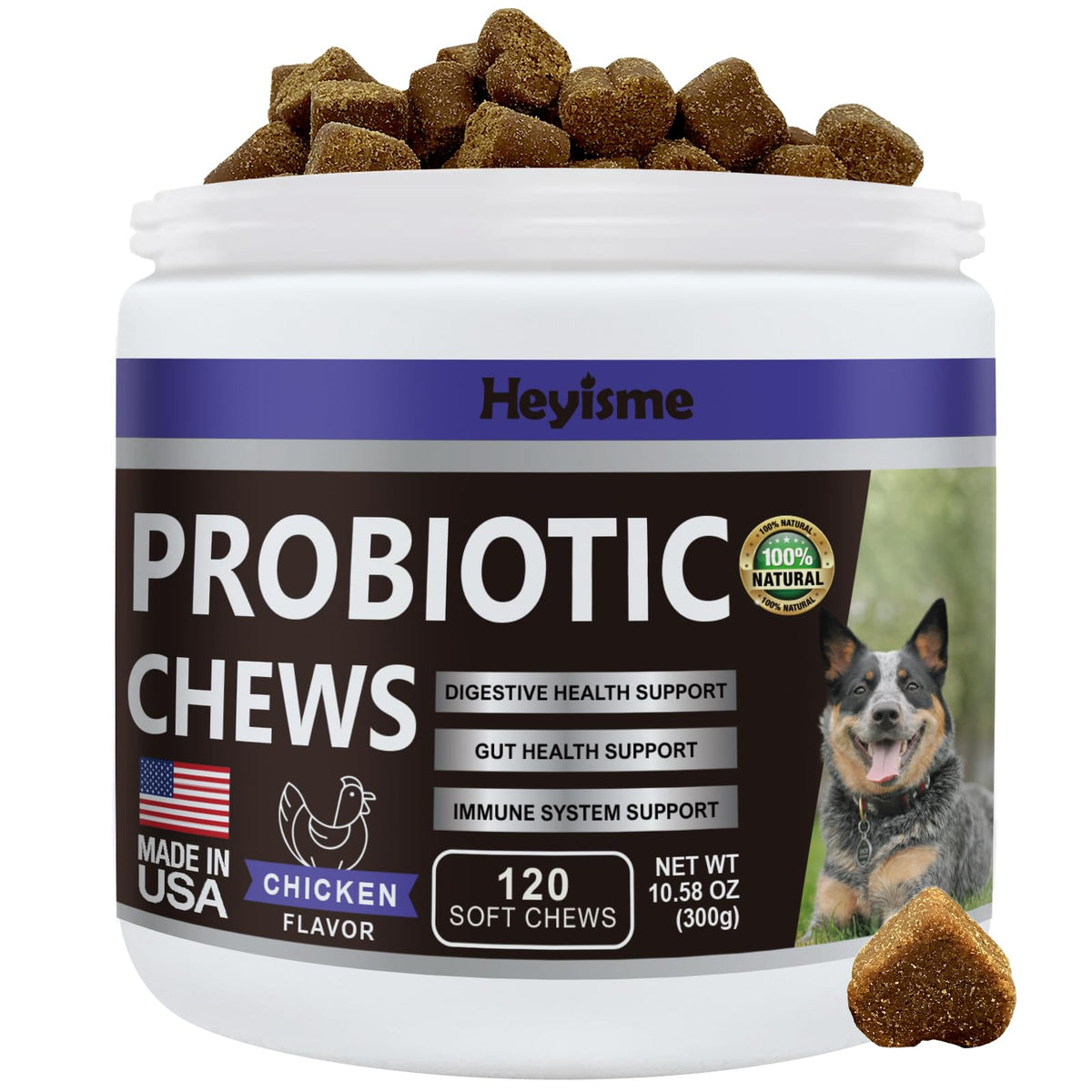 HEYISME Probiotics for Dogs bottle showing premium gut health formula