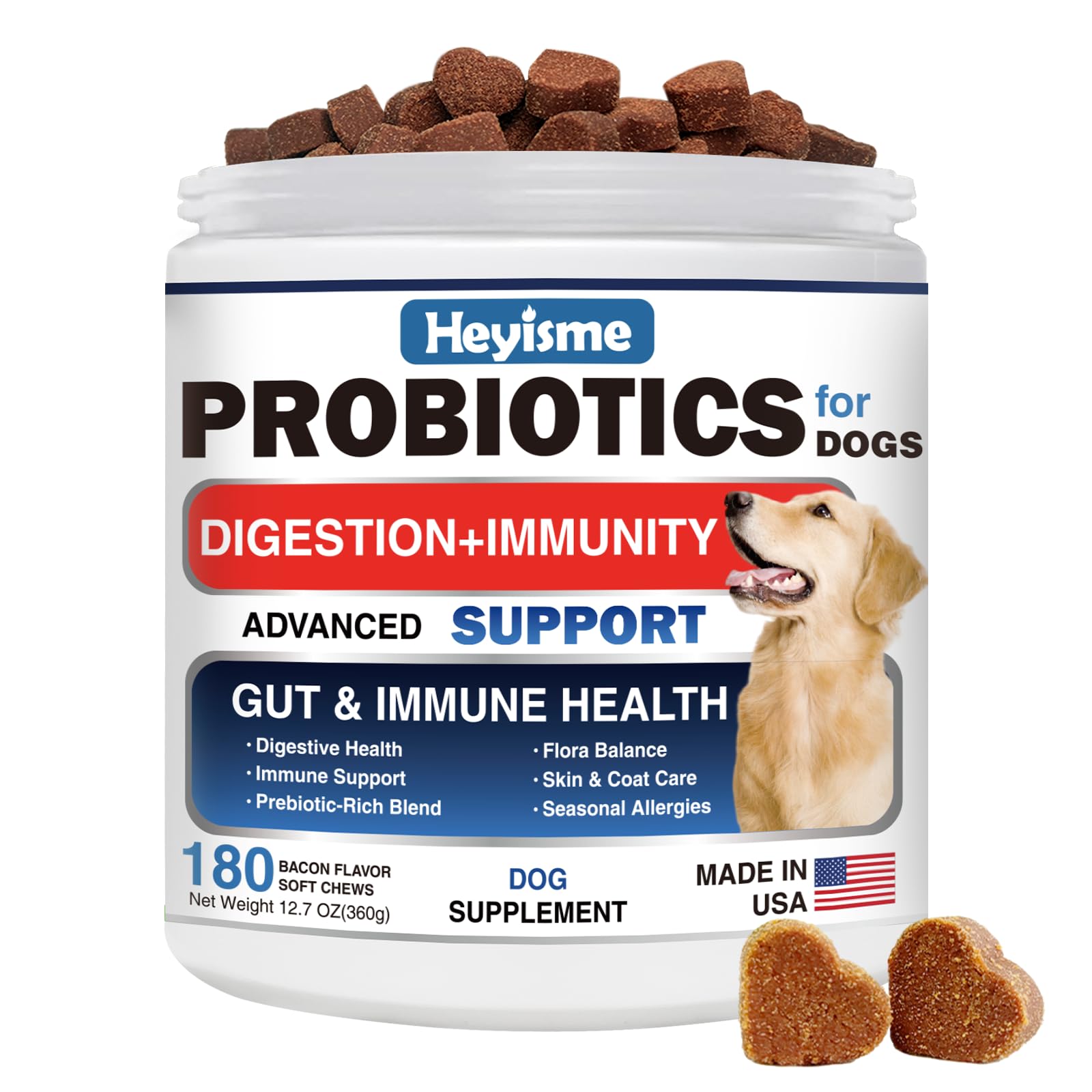 HEYISME Probiotics for Dogs bottle highlights convenient gut-support chewables.