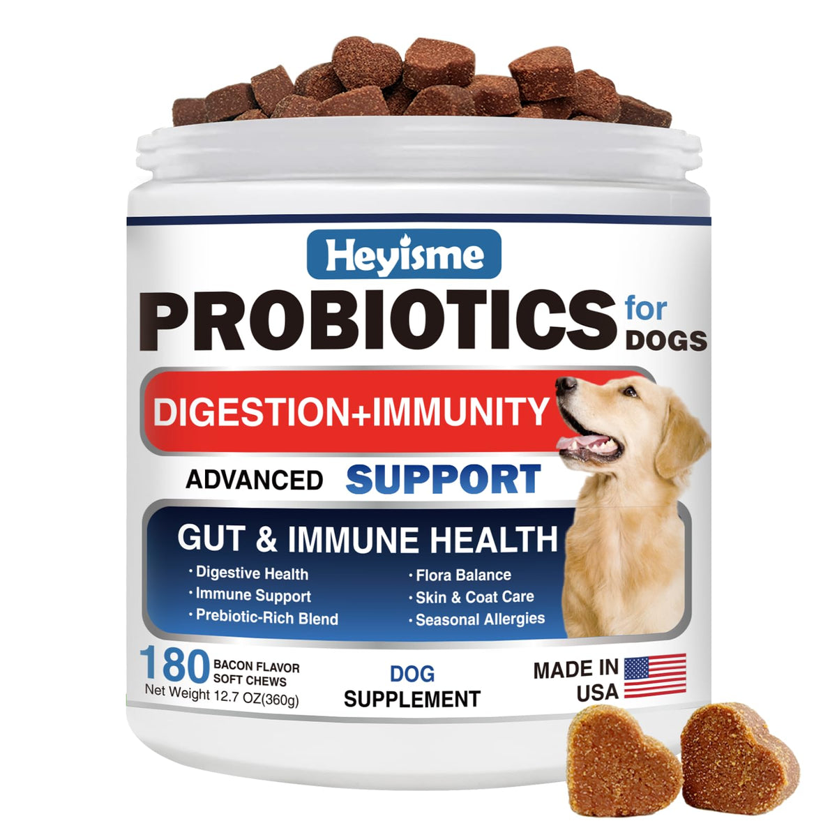 HEYISME Probiotics for Dogs bottle highlights convenient gut-support chewables.