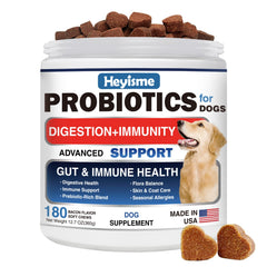 HEYISME Probiotics for Dogs bottle highlights convenient gut-support chewables.