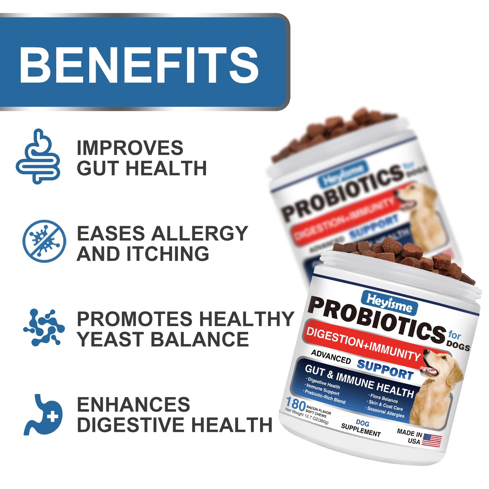 HEYISME Probiotics for Dogs soft chews shown for easy administration and tasty gut support.