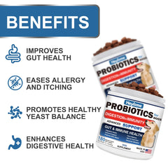HEYISME Probiotics for Dogs soft chews shown for easy administration and tasty gut support.