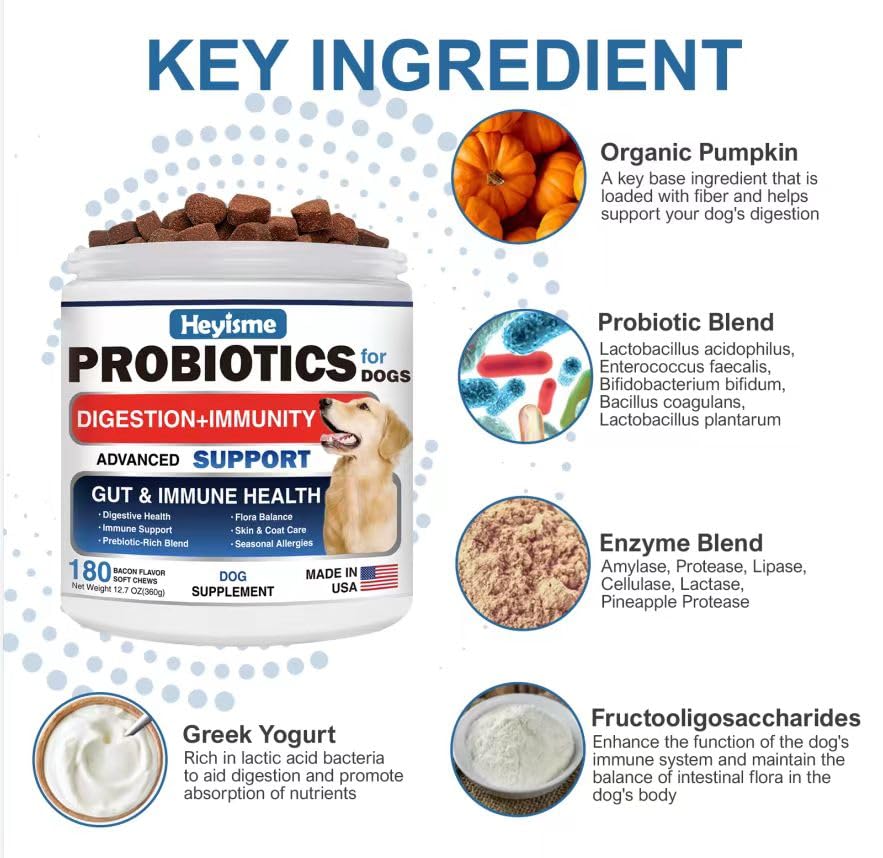 HEYISME Probiotics for Dogs made in the USA with safe ingredients.