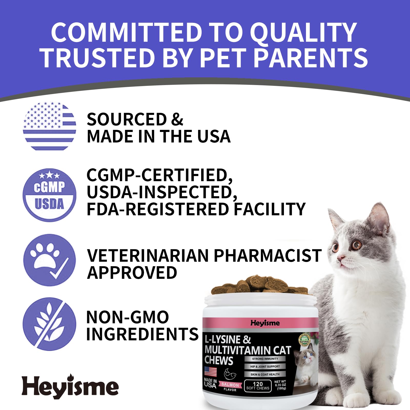 HEYISME Salmon-flavor Lysine Cat Treats entice cats and support daily wellness.