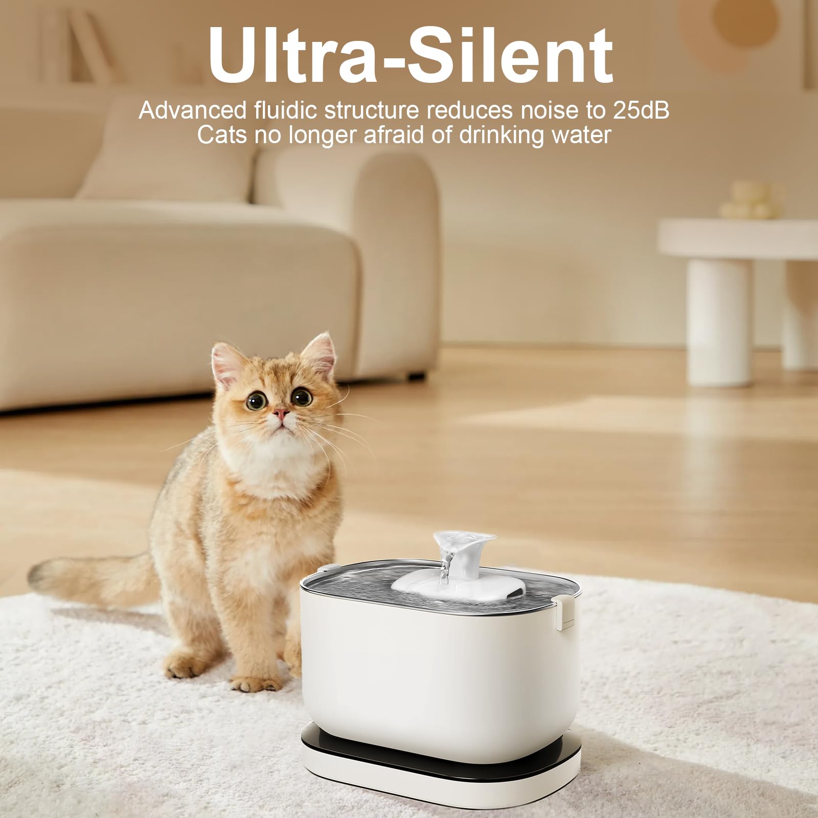 Heynew ultra-silent filter reduces noise for a calmer cat drinking experience.