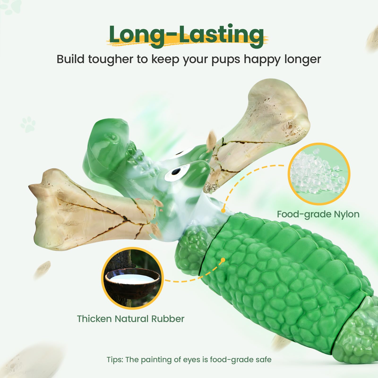 HGB alligator-texture toy promotes dental contact and plaque reduction during chewing.