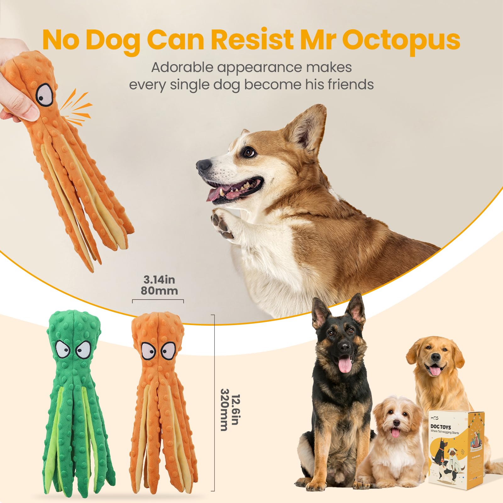 HGB Squeaky Octopus crinkle detail invites engaging chew and crinkle sound.