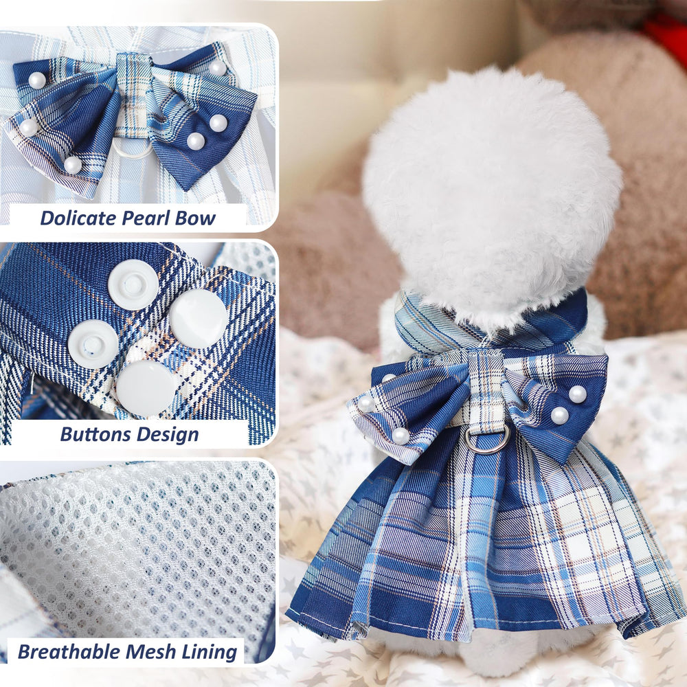 HhiMyOct plaid pattern detail on dog dress with pearls elevating everyday wear.