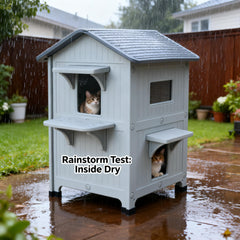 HiCaptain weatherproof cat house two-storey design with balcony supports multi-cat play.