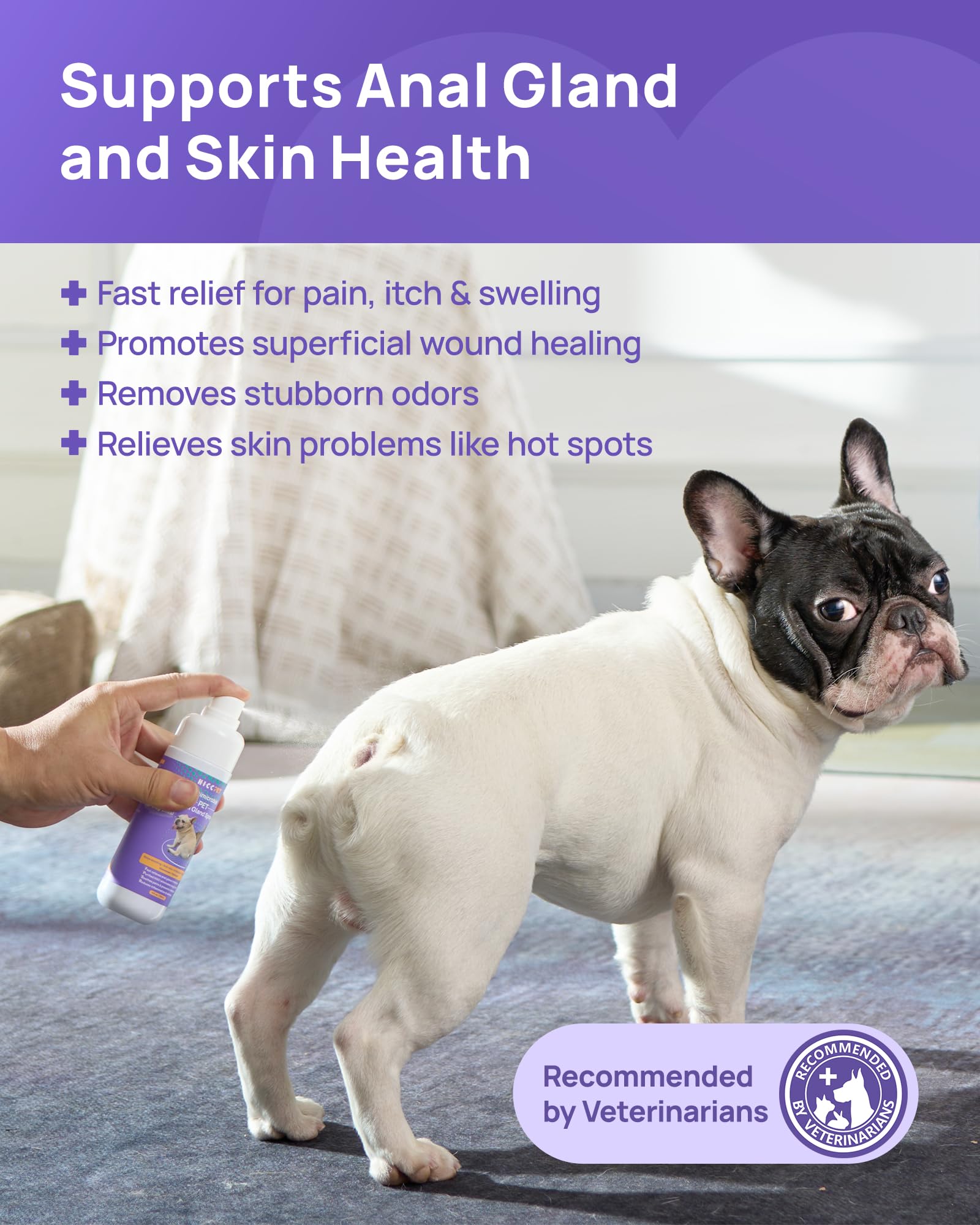 HICC PET Anal Gland Spray precision nozzle demonstrating touch-free application