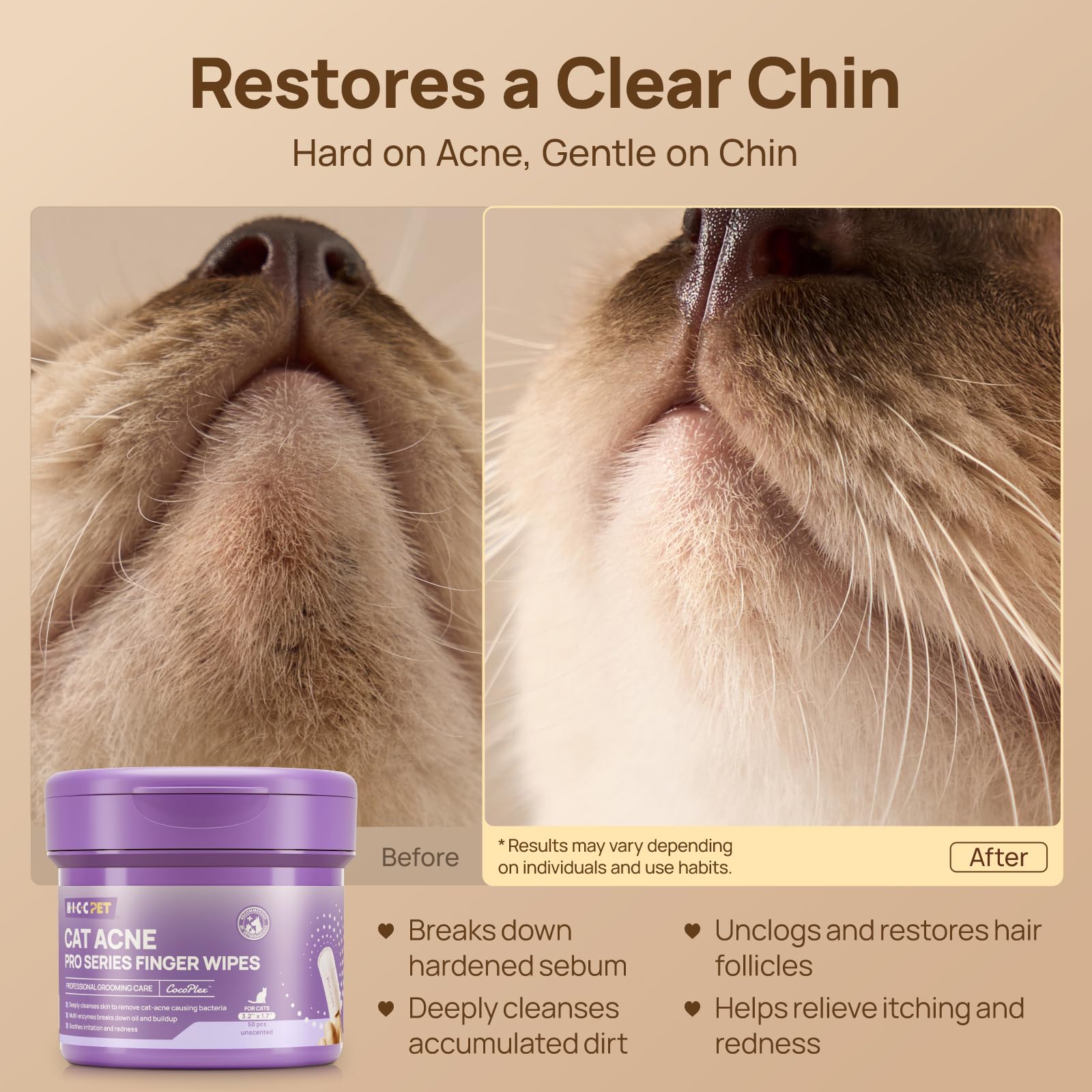 HICC PET Cat Chin Acne Finger Wipes witch hazel ingredient highlight closeup