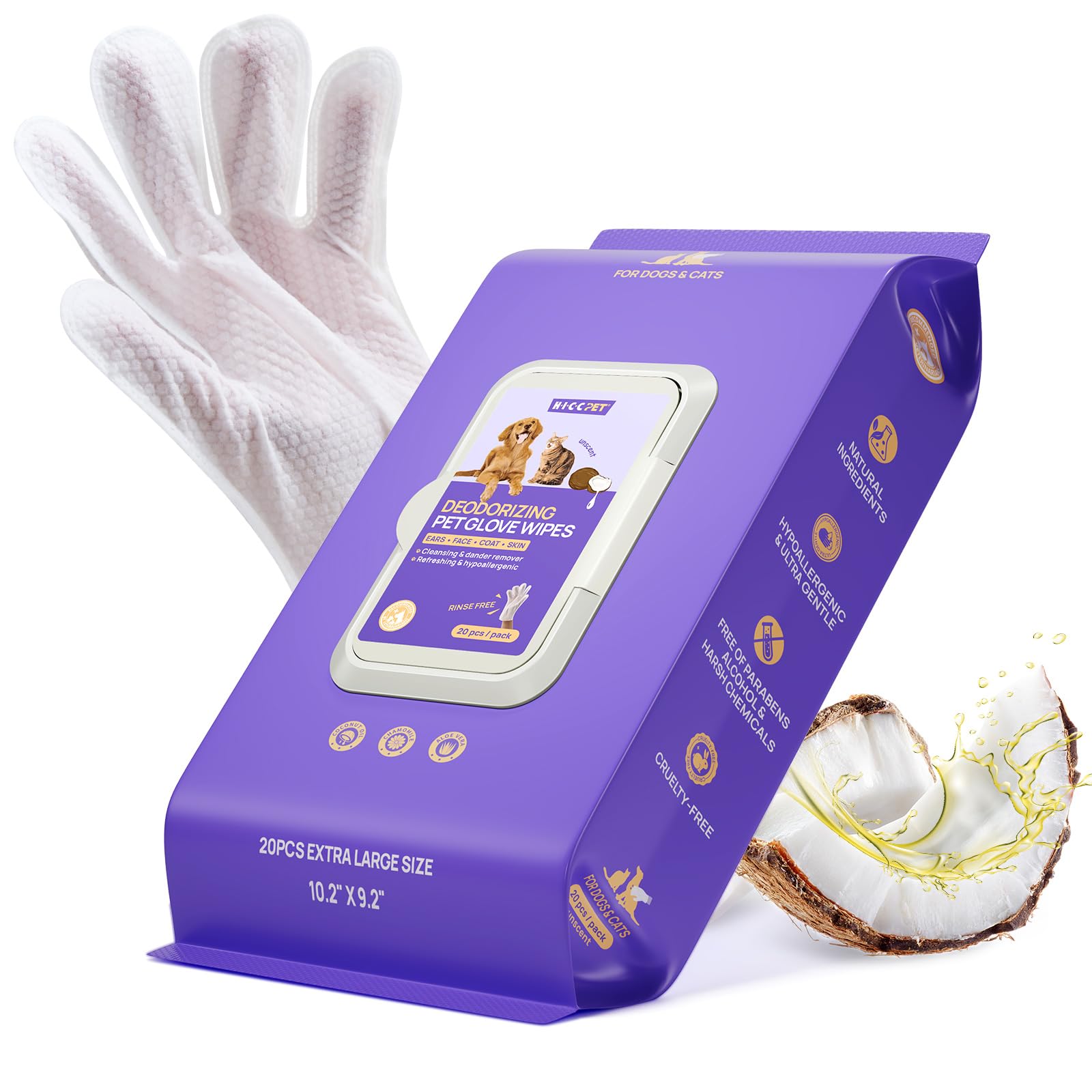 HICC PET Cleaning Glove Wipes pack for quick refresh and odor control on dogs and cats.