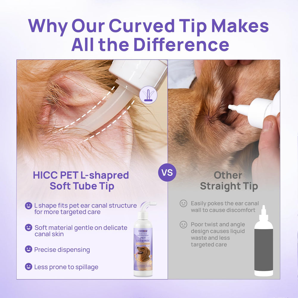 HICC PET ear cleaner illustrating debris and wax removal in ears