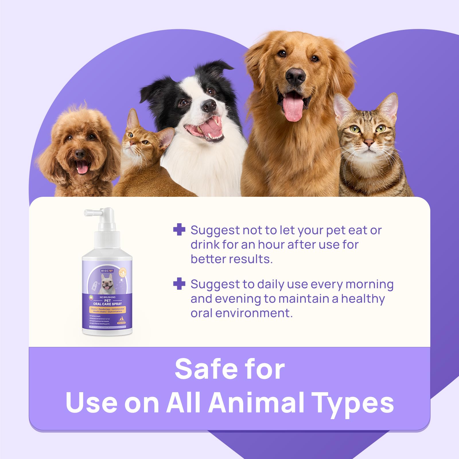 HICC PET travel-ready spray used after meals for odor control and easier grooming.