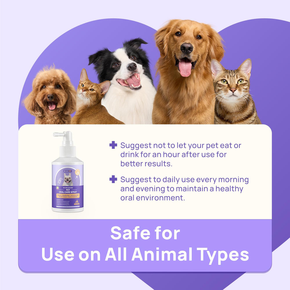 HICC PET travel-ready spray used after meals for odor control and easier grooming.