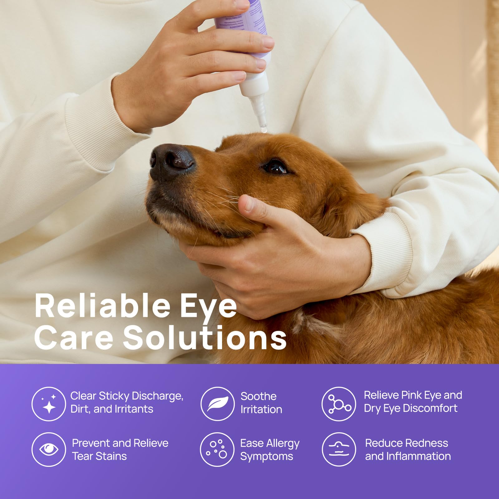 HICC PET easy-application demo image shows quick, safe eye cleansing for pets.