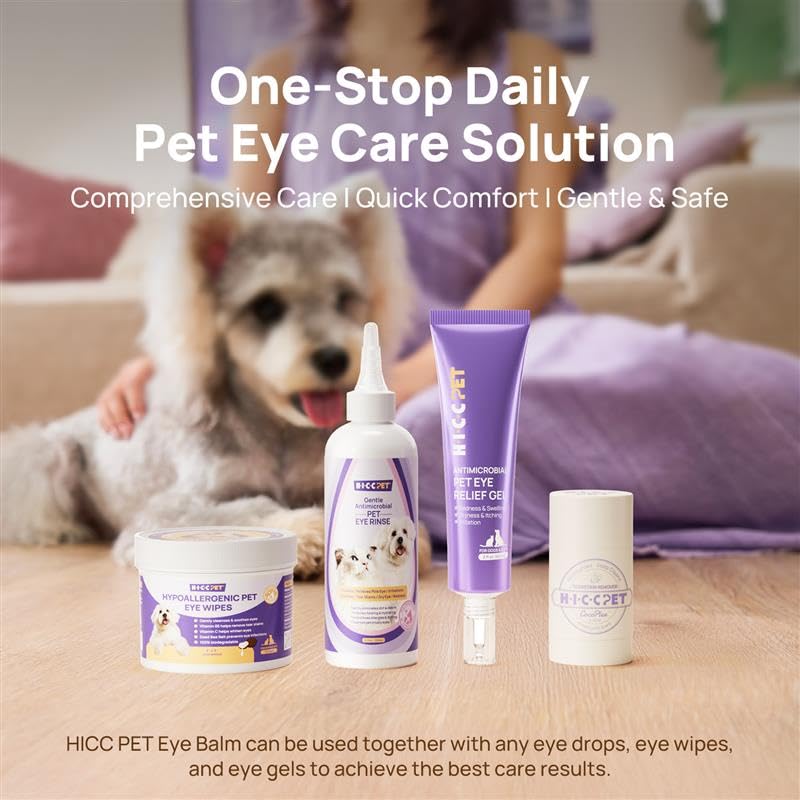 HICC PET Eye balm eye-area care closeup shows protective layer for irritant protection.