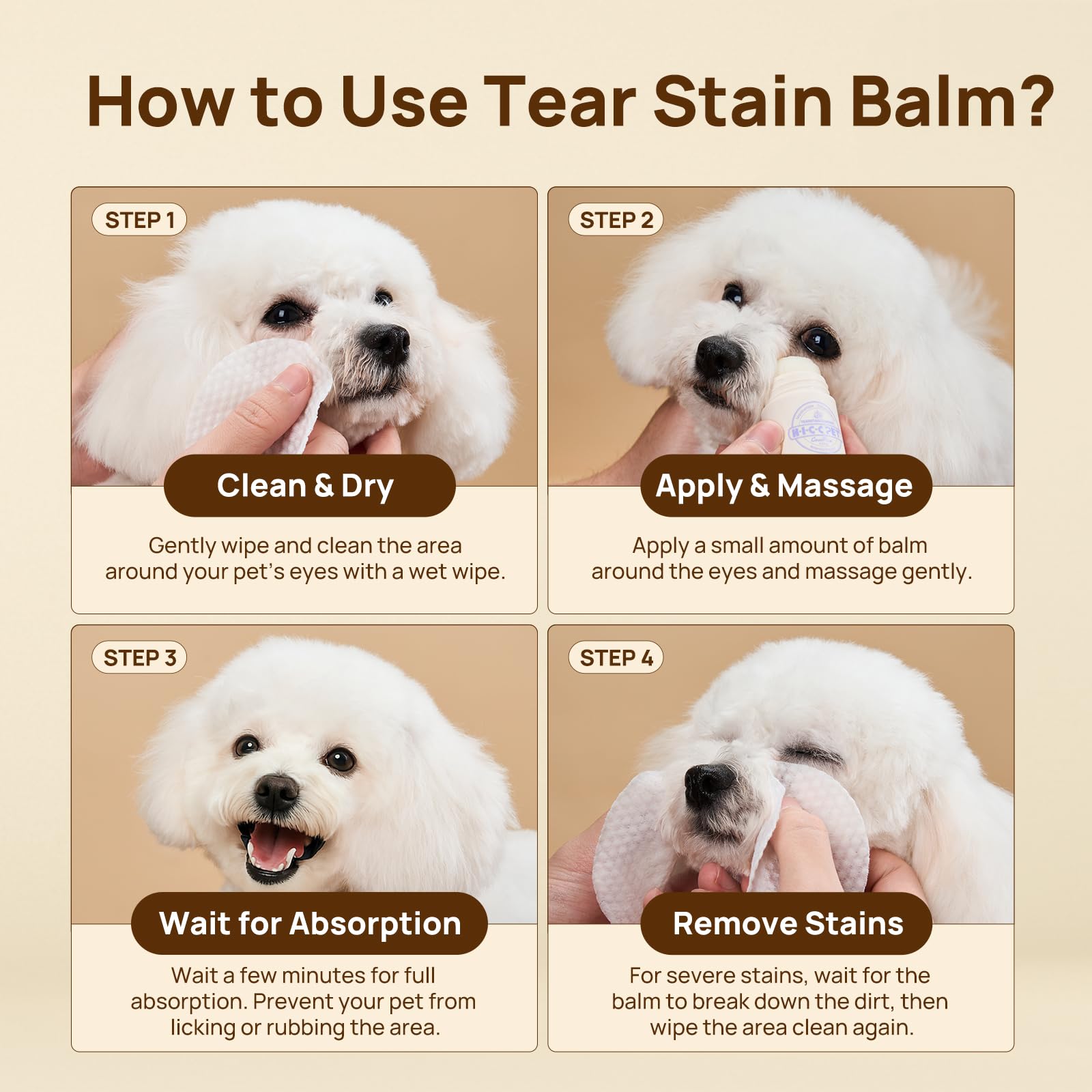 HICC PET Eye balm busy-pet-parent-use depicts fast, convenient care during daily grooming.