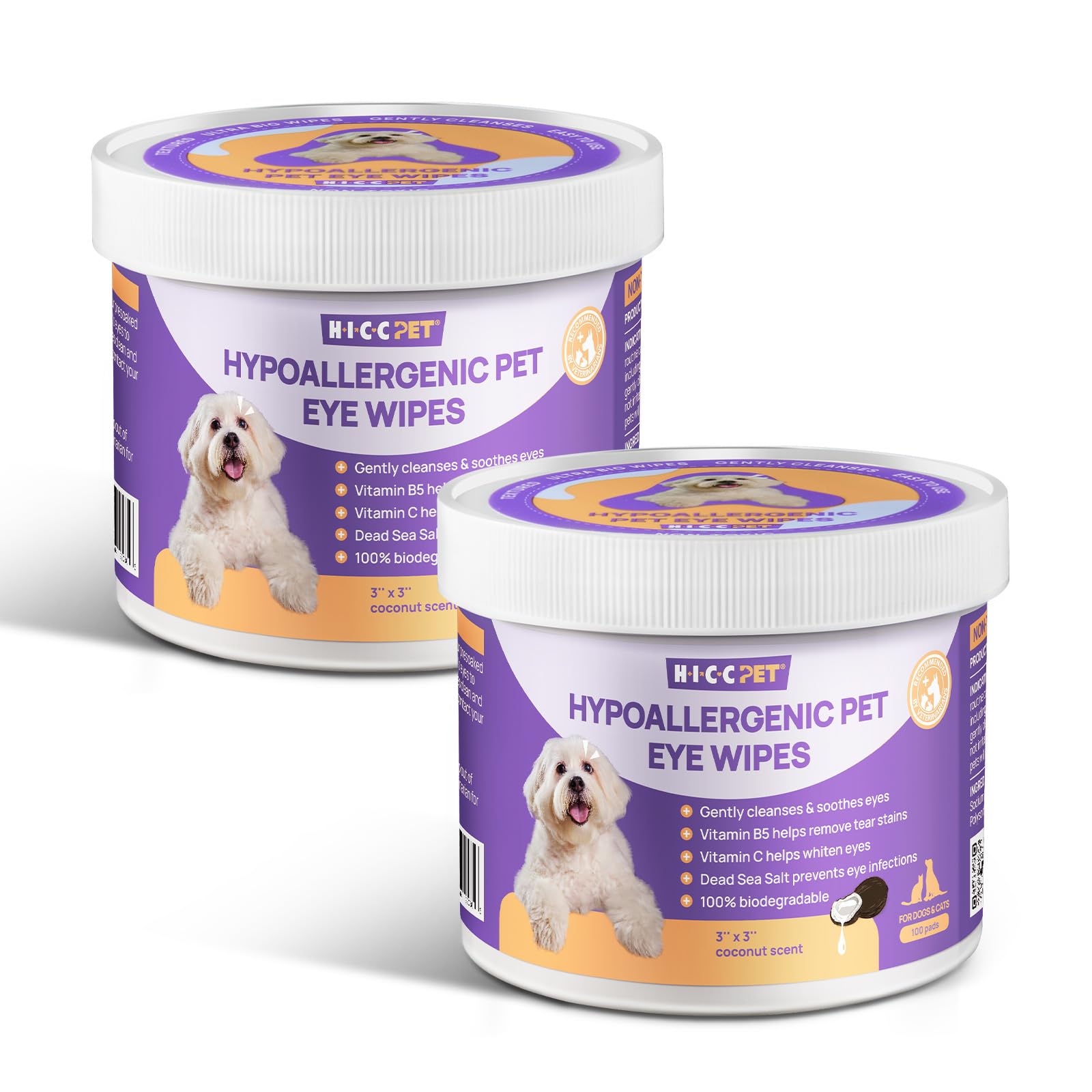 HICC PET Eyes Wipes pack shot shows 200-count box for quick eye cleaning.