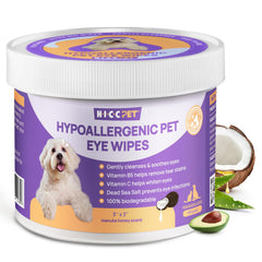 HICC PET Eyes Wipes packaging shows a 100-count box for easy eye care
