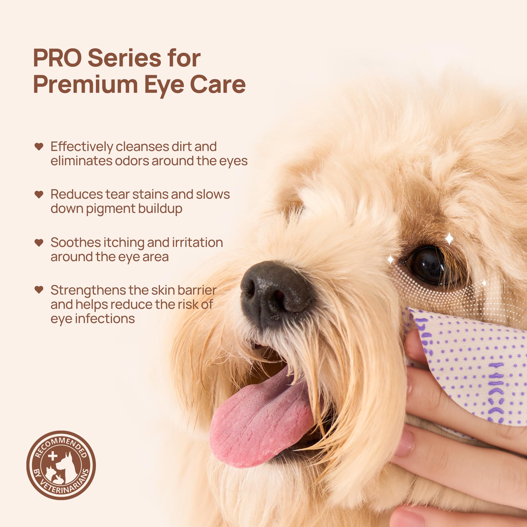 HICC PET Eyes Wipes soft pearls side aids gentle debris loosening around the eyes.