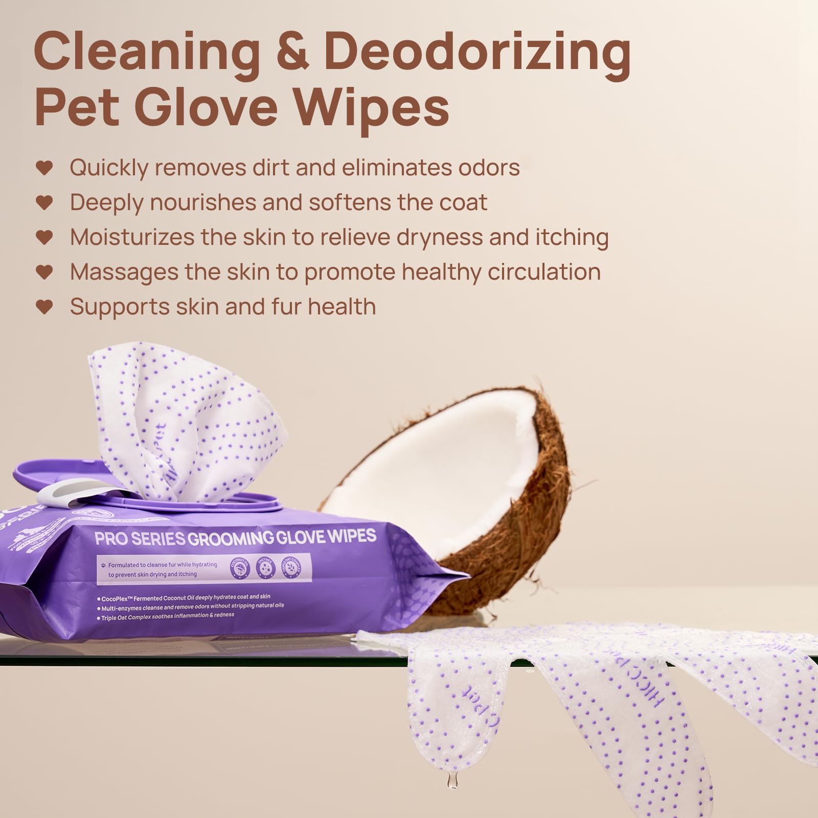 HICC PET Glove Wipes Pro Series dual-texture side for dirt removal on coats.