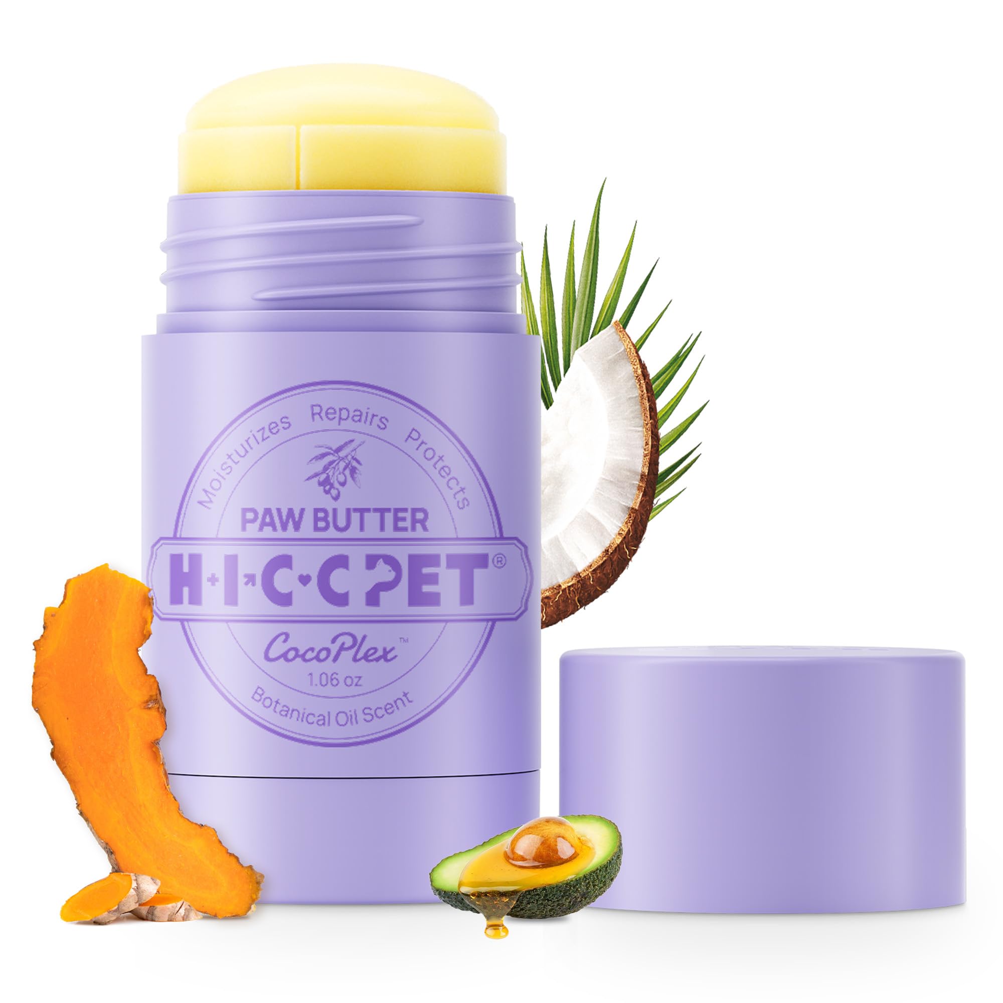 HICC PET paw balm tub closeup highlighting natural ingredients for paw hydration
