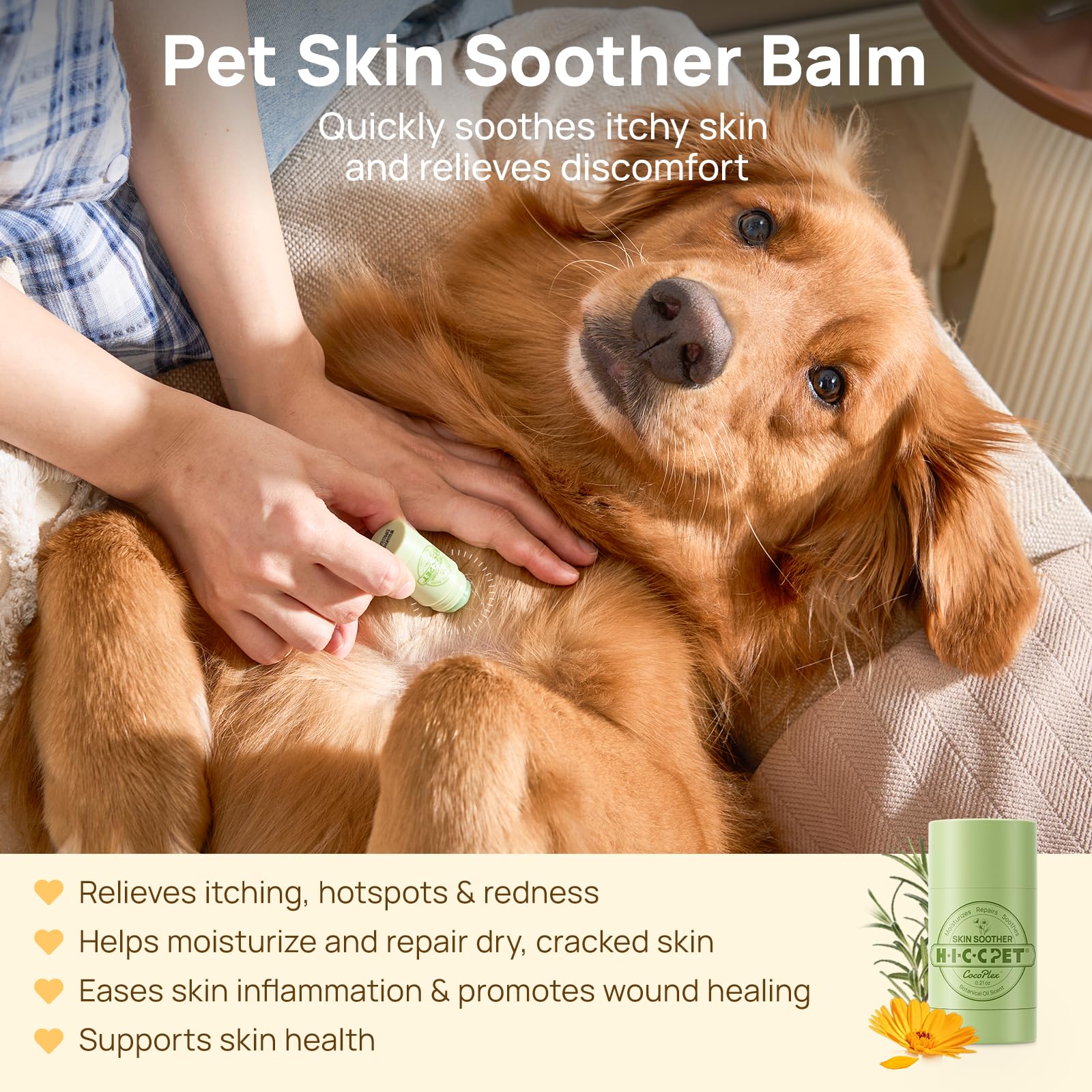 HICC PET Skin Balm ingredients-calendula-coconut close-up highlights soothing botanicals for irritated skin.