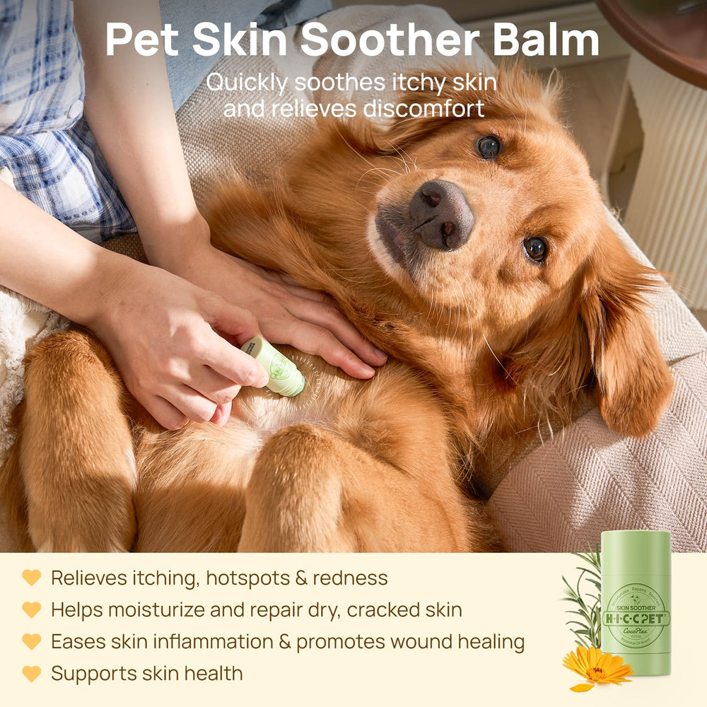 HICC PET Skin Balm ingredients-calendula-coconut close-up highlights soothing botanicals for irritated skin.