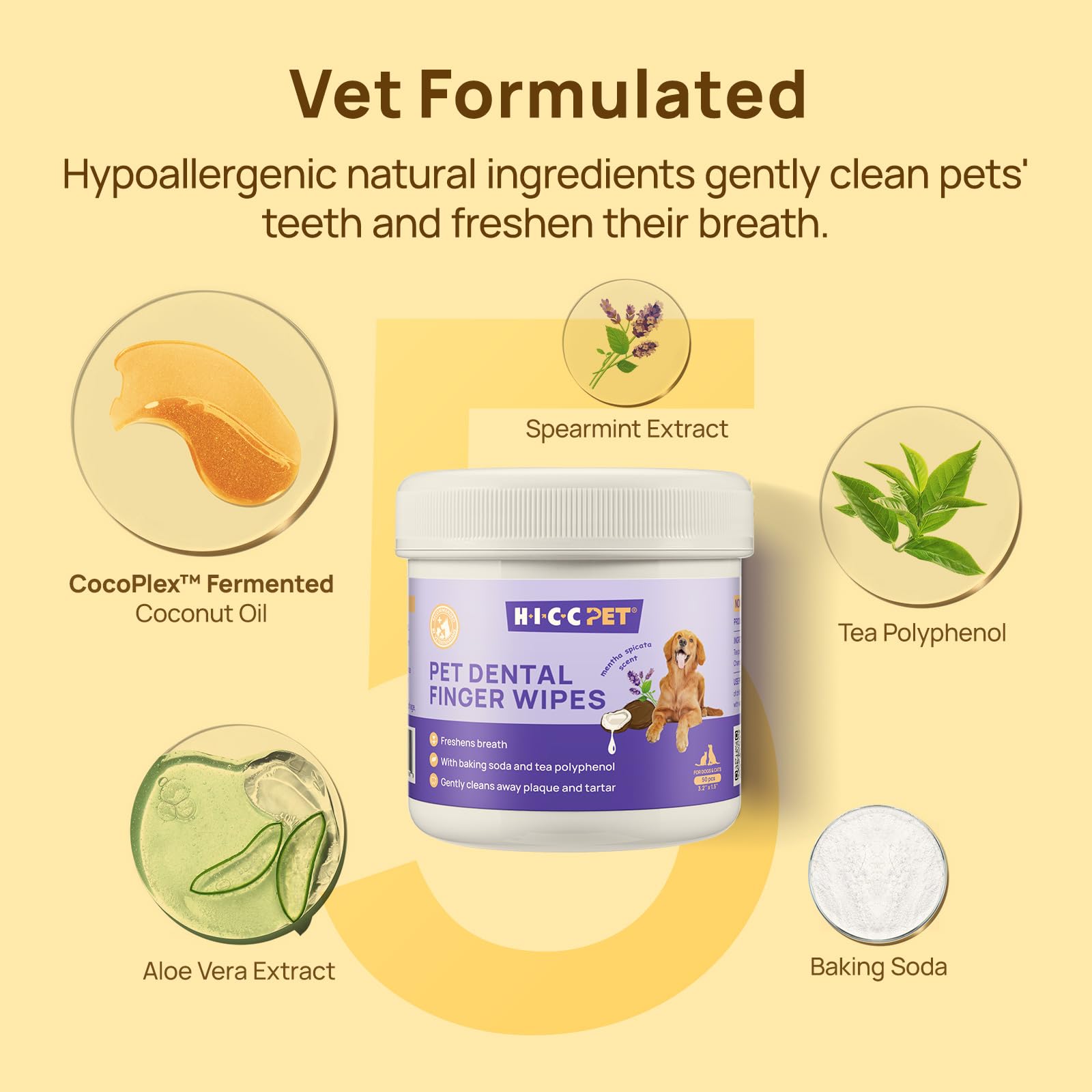 HICC PET wipes close-up on teeth to show tartar removal potential.