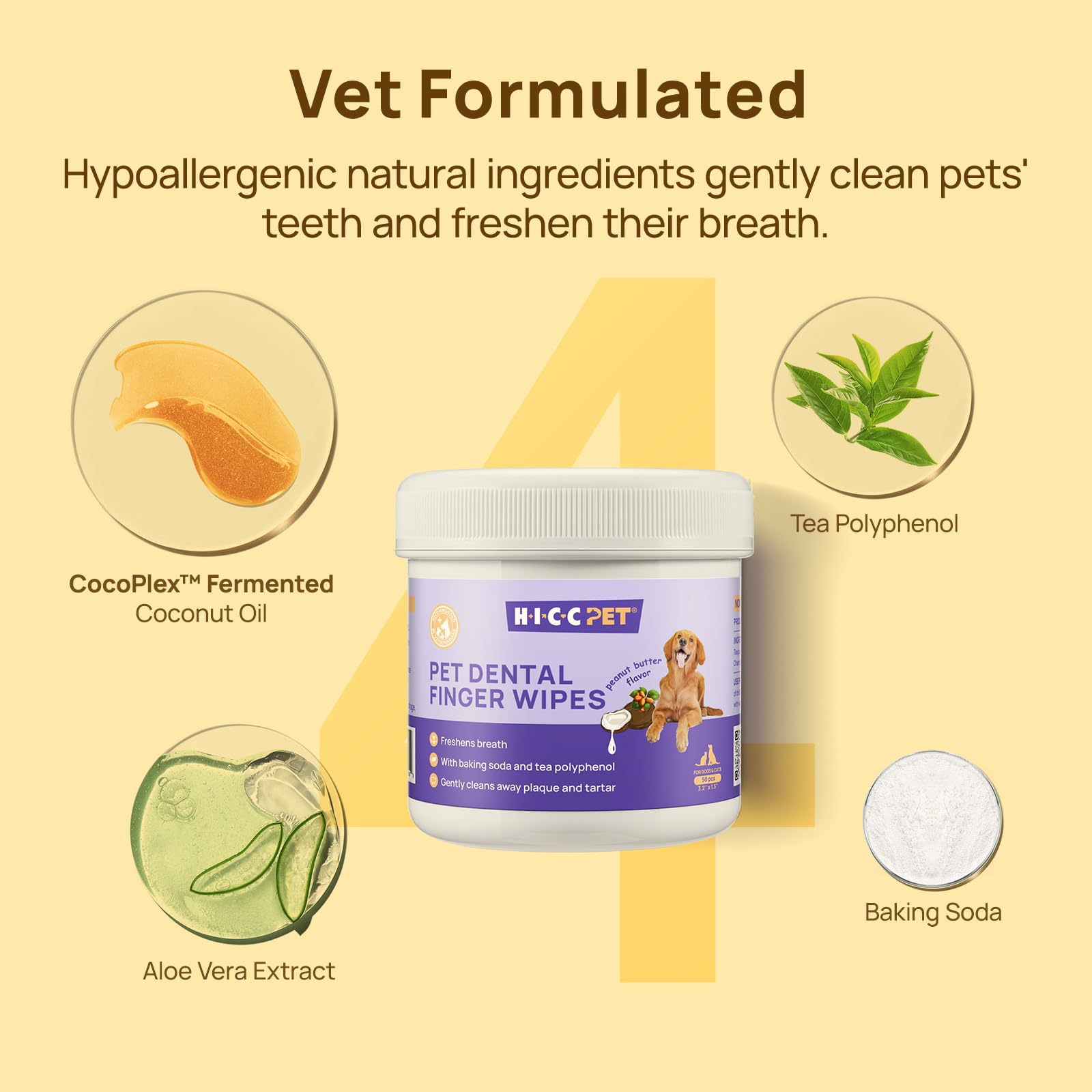 HICC Pet Teeth Cleaning Wipes dog-application demonstrating reach to back teeth.
