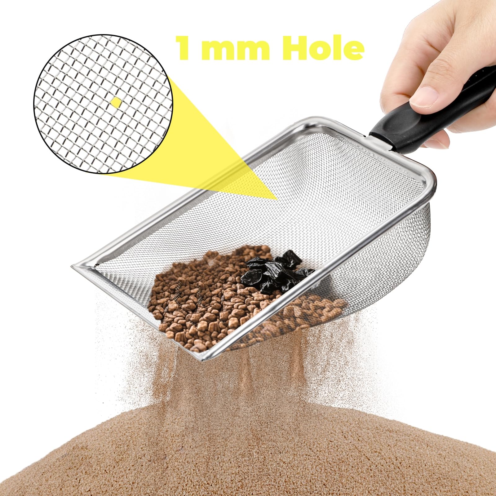 Hiceeden 1mm-hole sand sifter filtering sand while trapping debris