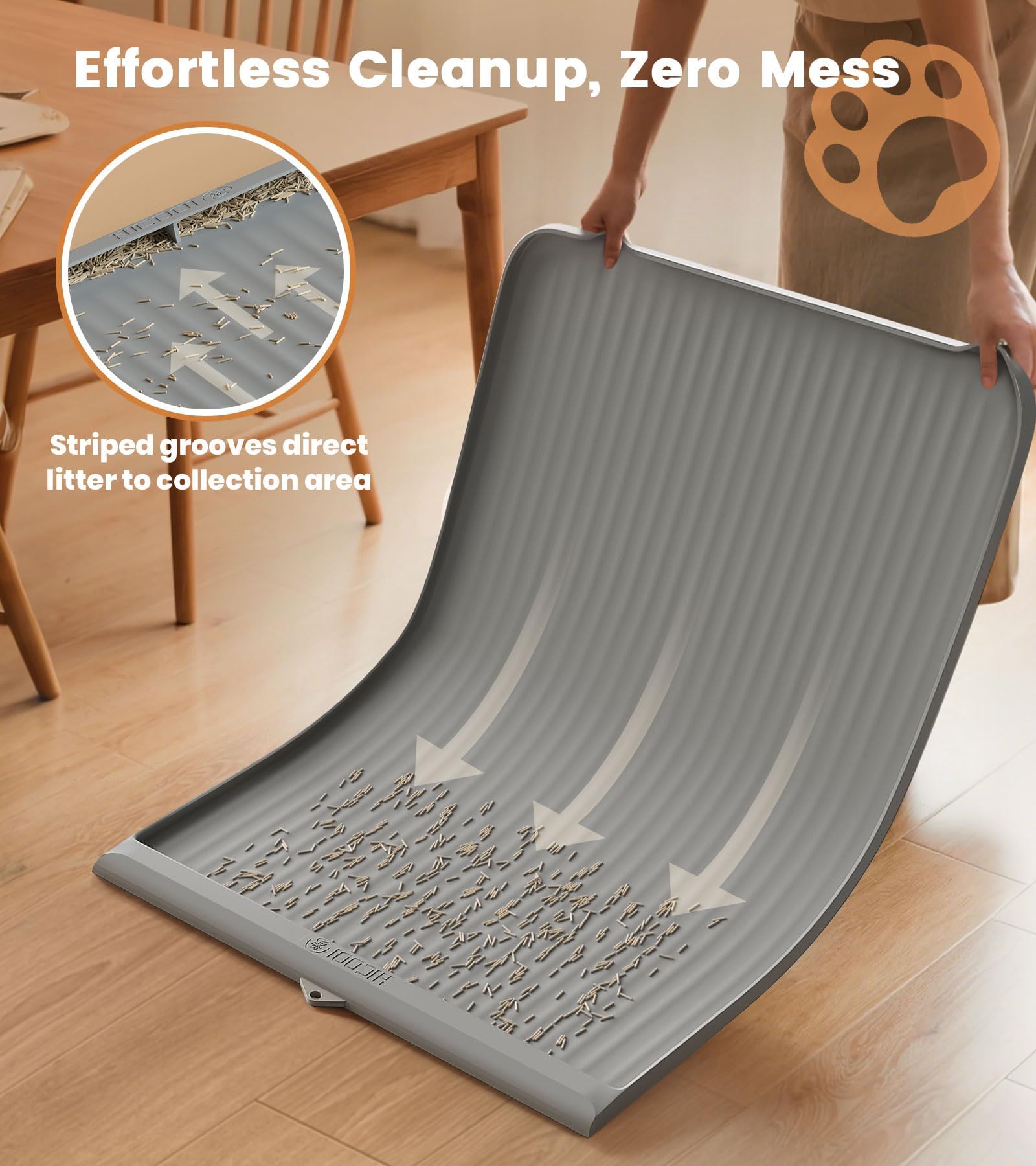 HICOOI silicone litter mat features diversion grooves guiding litter to collection pocket.