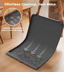 HICOOI dog food mat showing diversion grooves guiding spills for easy cleanup.