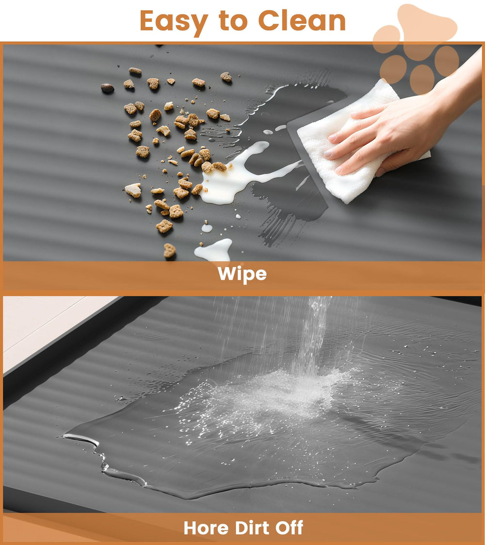 HICOOI waterproof pet feeding mat shields floors from water and food spills.