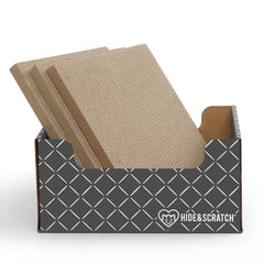 Hide & Scratch cardboard cat scratcher box in dark grey diamond, inviting cats to explore.