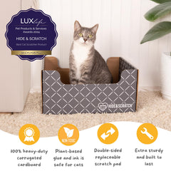 Hide & Scratch box side view showing sturdy enclosed design for hiding and scratching.