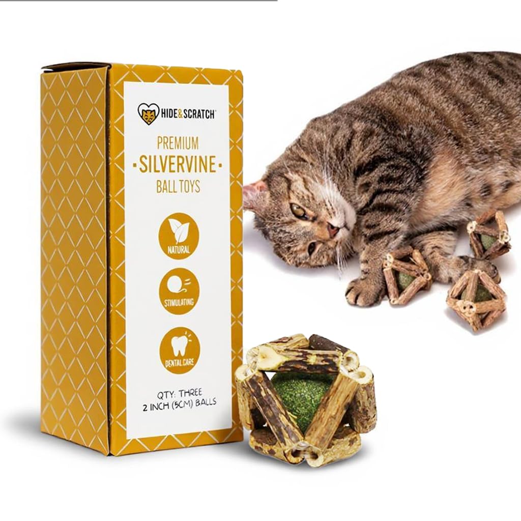Hide & Scratch silvervine catnip balls close-up, textured weave encourages active play and dental-friendly chewing.