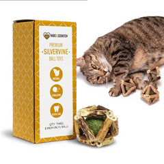 Hide & Scratch silvervine catnip balls close-up, textured weave encourages active play and dental-friendly chewing.
