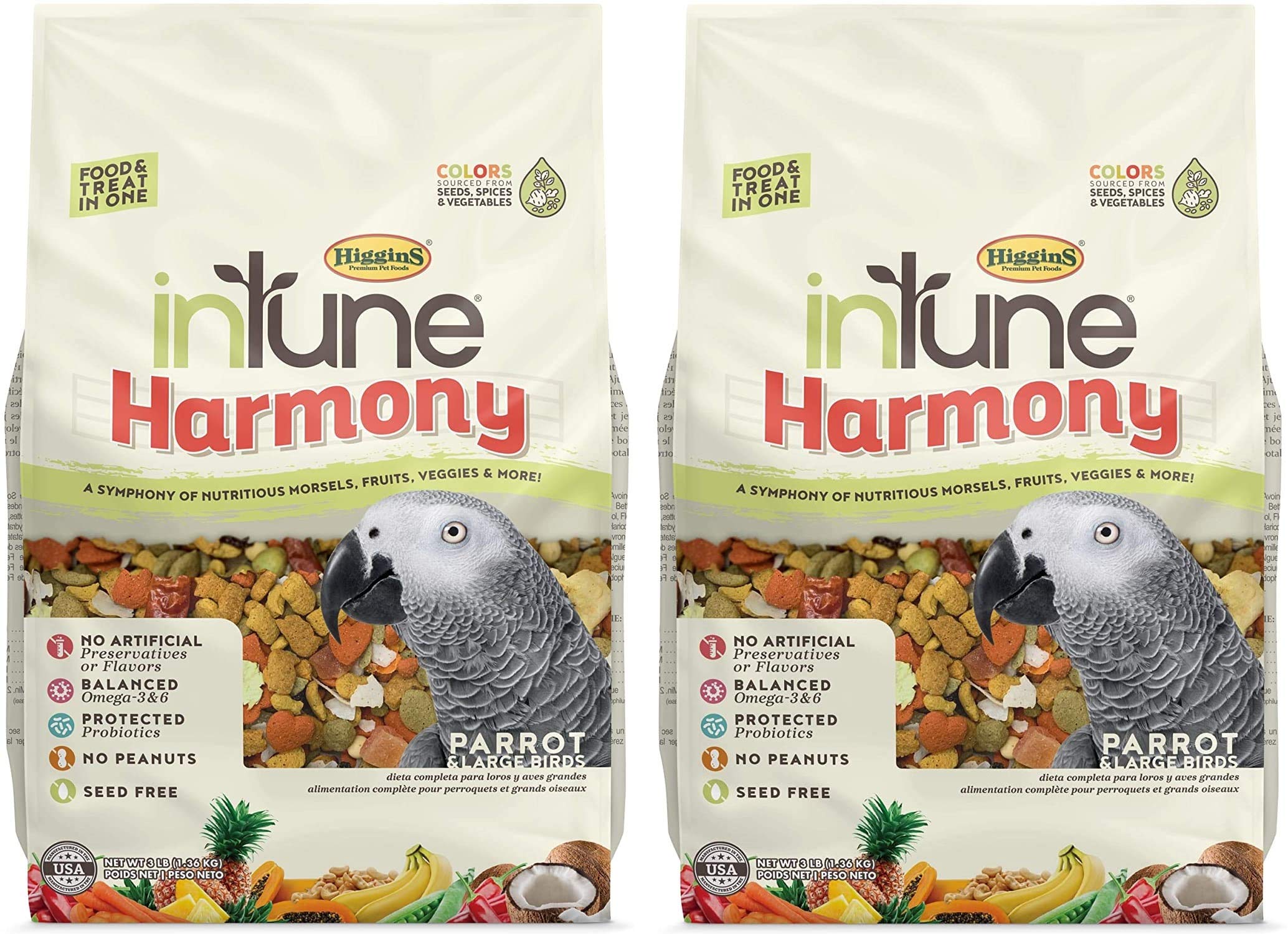 Higgins inTune Harmony 2-pack bags offer a balanced, seedless mix for parrots.