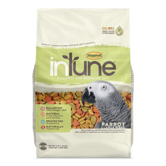 Higgins Intune complete-balanced-diet parrot food bags emphasize probiotics for digestive health.