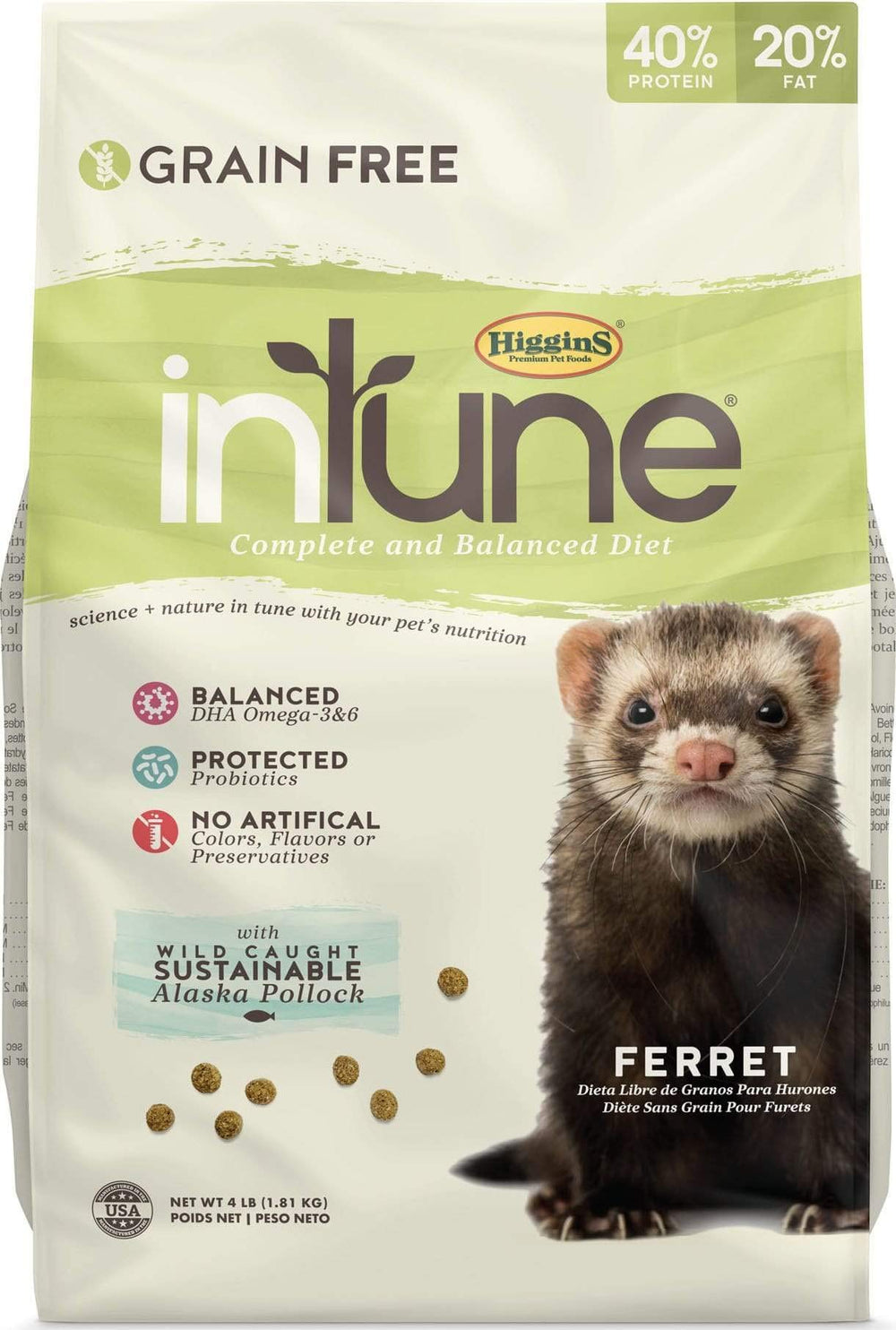 Higgins Intune Ferret 4lb bag with grain-free formula for healthy skin and coat.