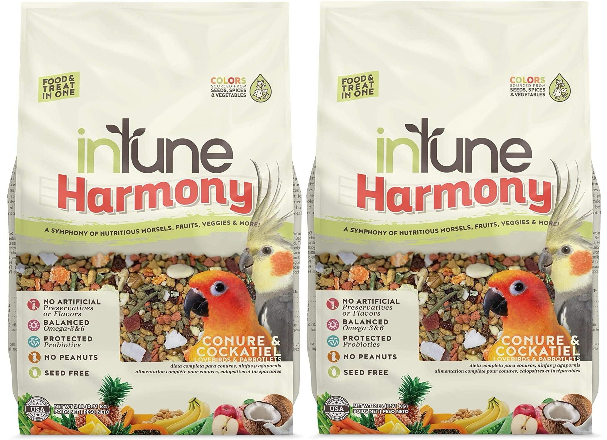 Higgins Intune Harmony two bags 2 lb on table shows convenient balanced nutrition for small parrots