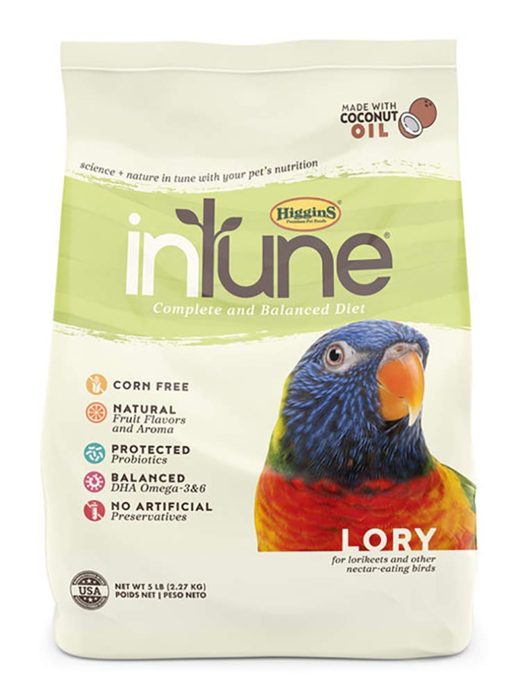 Higgins Intune Lory Food 5lb large bag offering balanced nutrition for pet parrots.