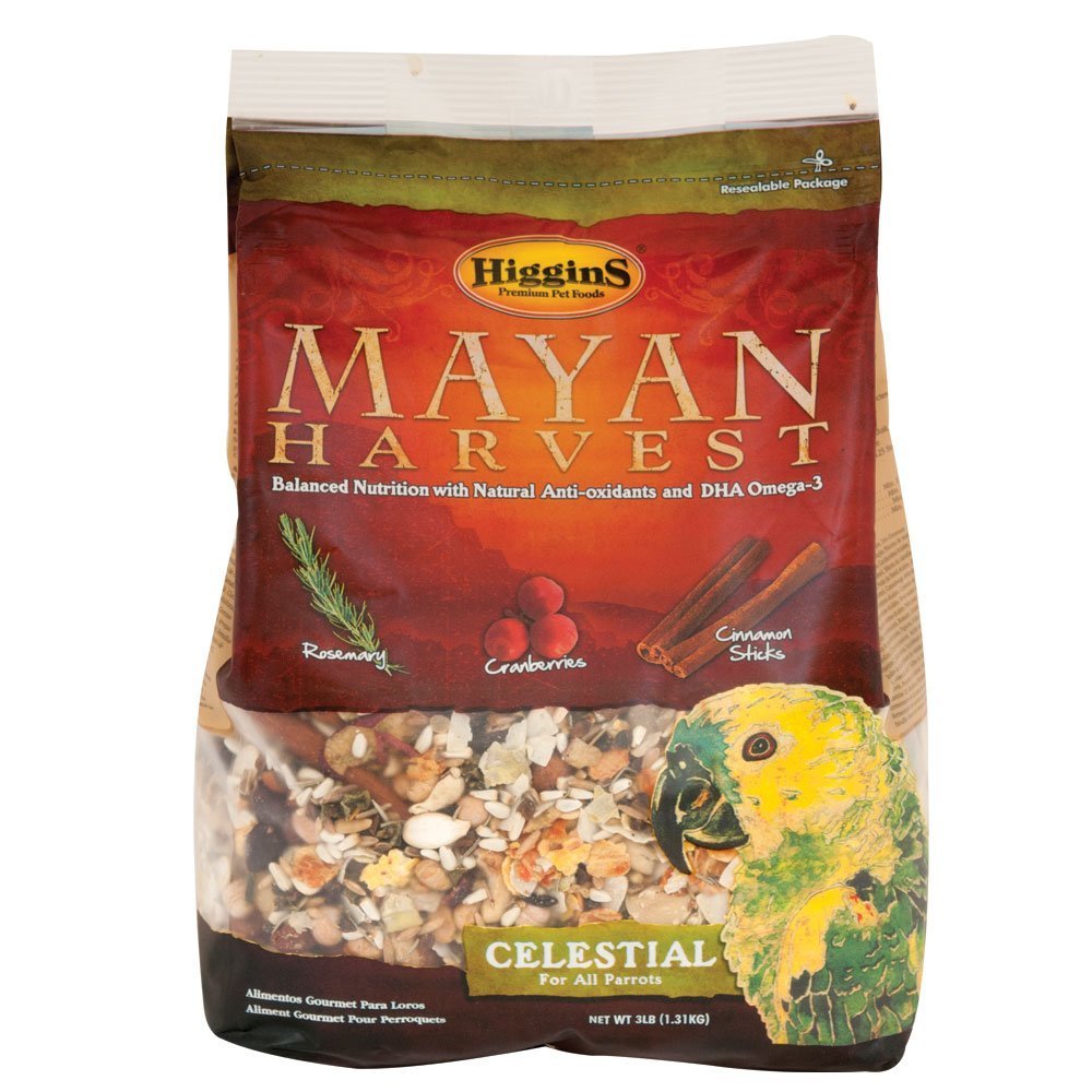 Higgins Mayan Harvest Celestial for All Parrots packaging with cinnamon sticks for enrichment and foraging.