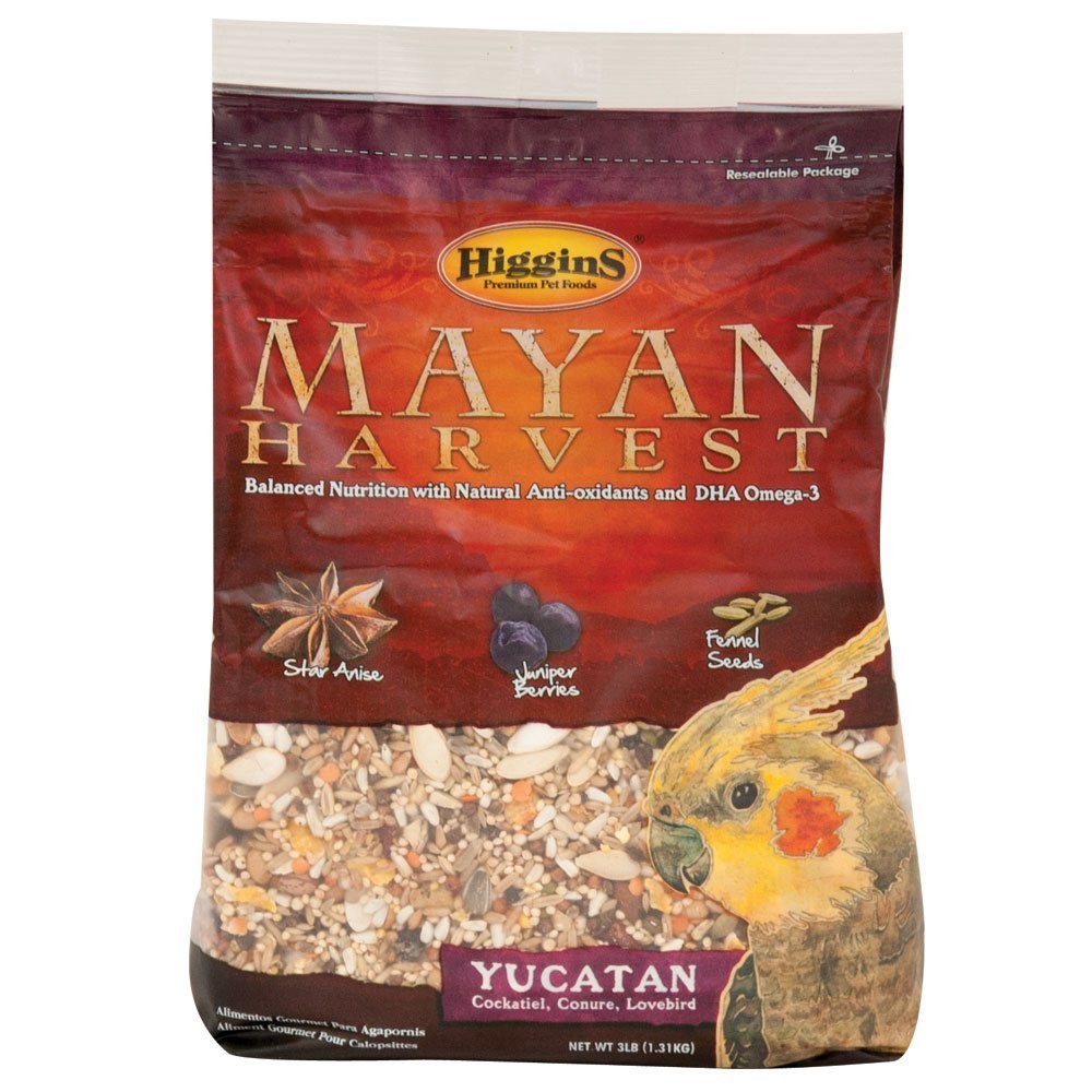 Higgins Mayan Harvest Yucatan Food Mix bag shows immune-support nutrition for cockatiels, lovebirds, conures