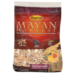 Higgins Mayan Harvest Yucatan Food Mix bag shows immune-support nutrition for cockatiels, lovebirds, conures
