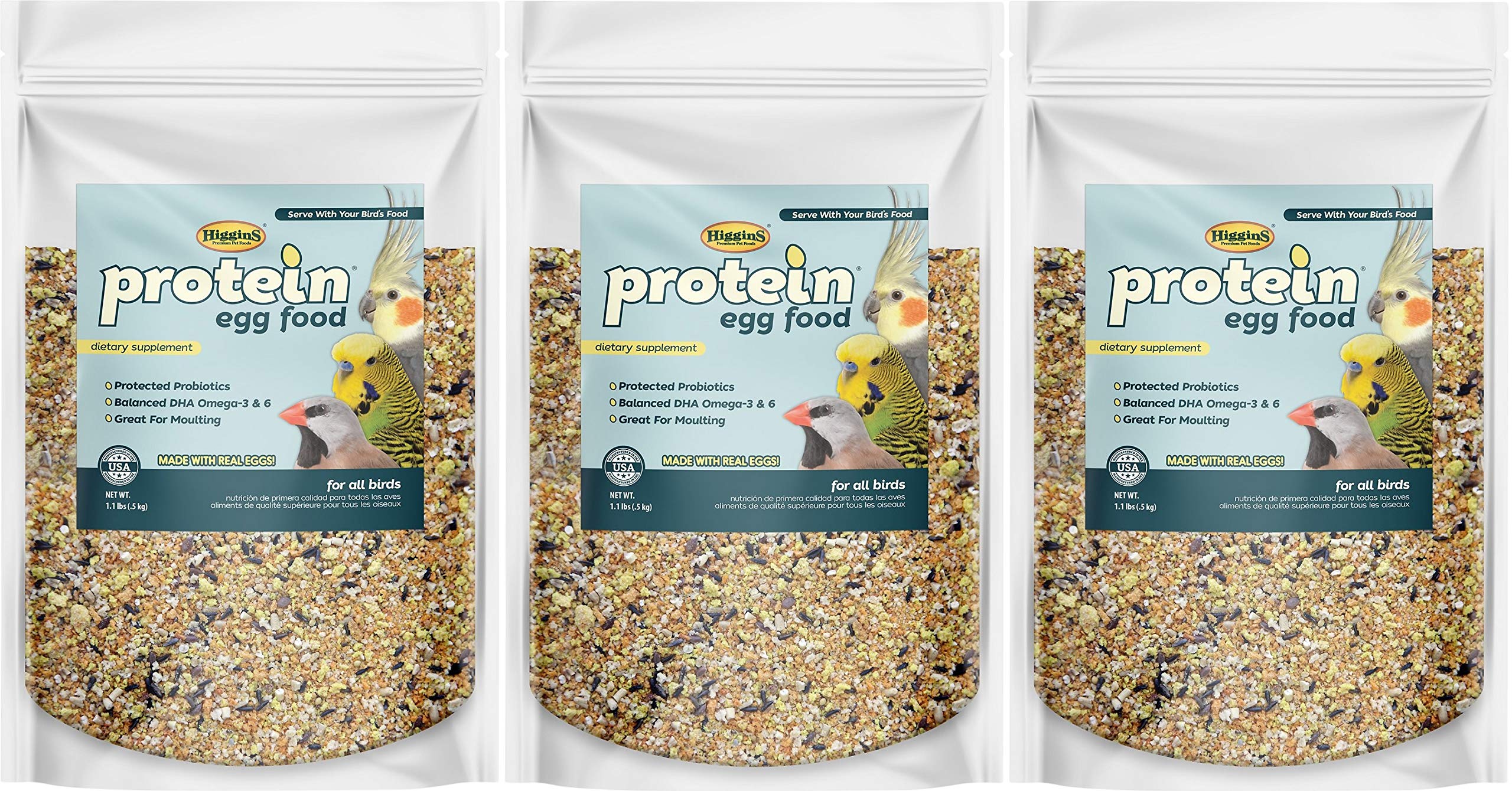 Higgins Protein Egg Food 3-pack bags showing real eggs and grains for healthy growth.