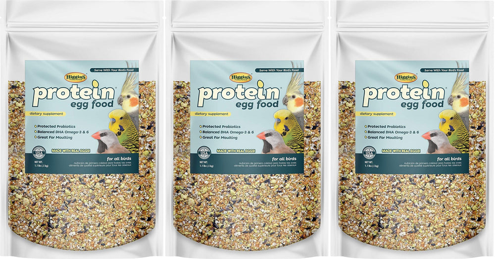 Higgins Protein Egg Food 3-pack bags showing real eggs and grains for healthy growth.