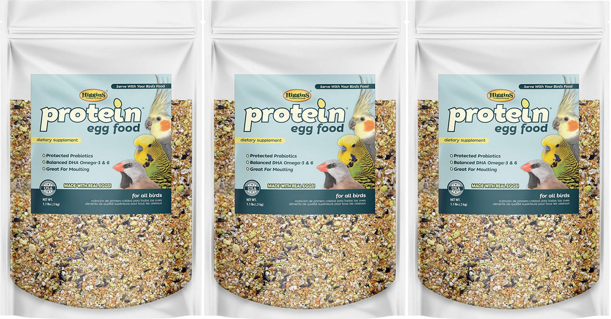Higgins Protein Egg Food 3-pack bags showing real eggs and grains for healthy growth.